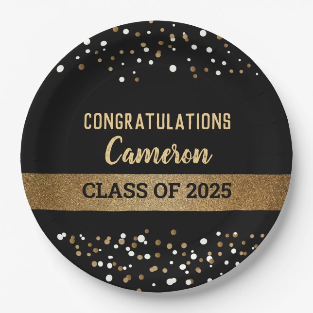 Class of 2025 Graduate Name Gold Confetti Paper Plate (Front)