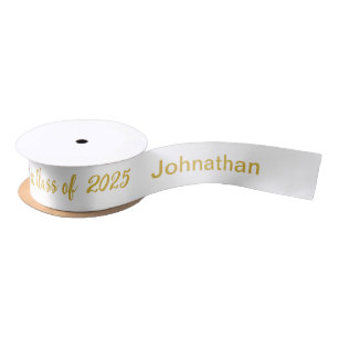 Class of 2025 Graduate Name White and Gold Script Satin Ribbon