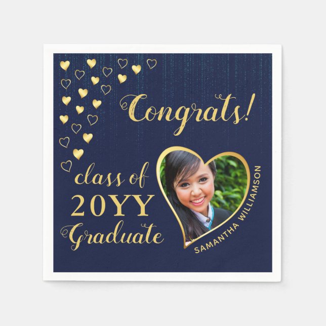 Class of 2025 Graduate Photo Blue Graduation Party Napkin (Front)