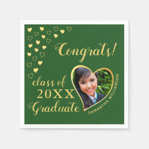 Class of 2025 Graduate Photo Green & Gold Elegant Napkin