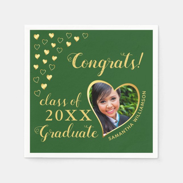 Class of 2025 Graduate Photo Green & Gold Elegant  Napkin (Front)