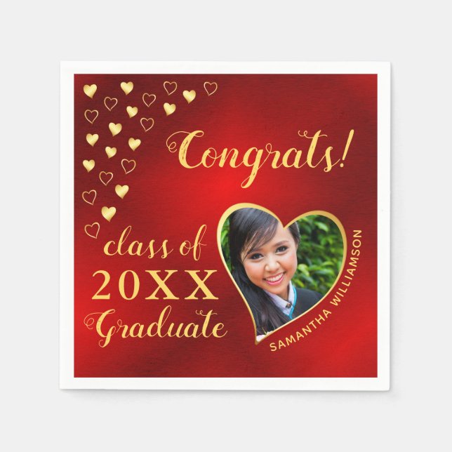 Class of 2025 Graduate Photo Red & Gold Elegant Napkin (Front)