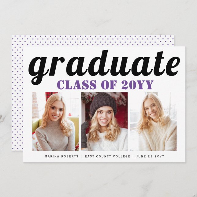 Class of 2025 graduate purple typography photo invitation (Front/Back)