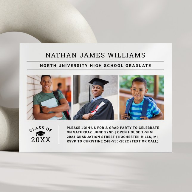 Class of 2025 Graduate White 3 Photo Graduation Invitation (Creator Uploaded)