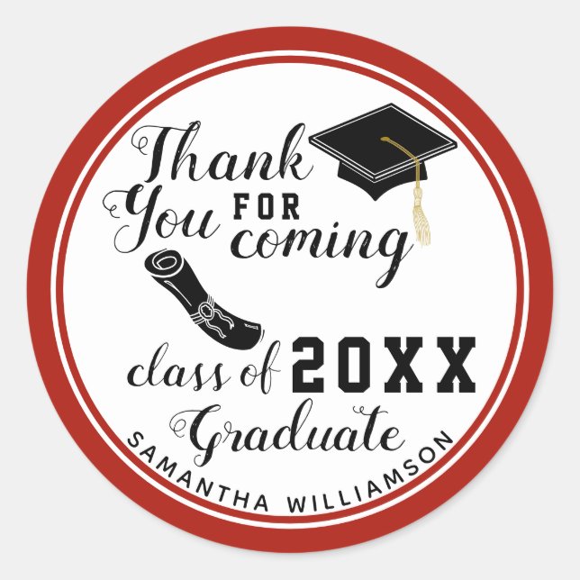 Class of 2025 Graduate White Red Black Thank You Classic Round Sticker (Front)
