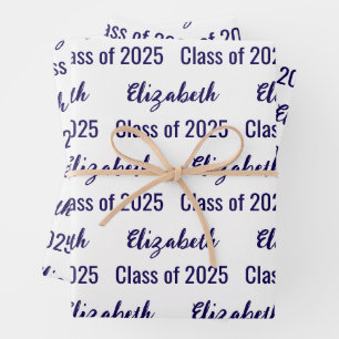 Class of 2025 Graduate's Name White & Dark Blue Wrapping Paper Sheet