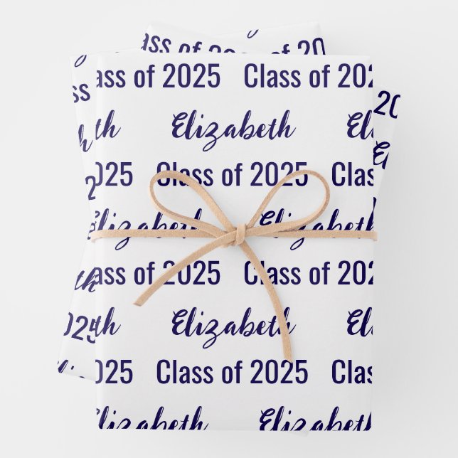 Class of 2025 Graduate's Name White & Dark Blue Wrapping Paper Sheet (In situ)