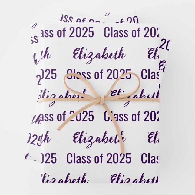 Class of 2025 Graduate's Name White & Dark Purple Wrapping Paper Sheet (In situ)