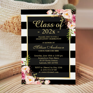Class of 2025 Graduation Classy Floral Stripes Invitation