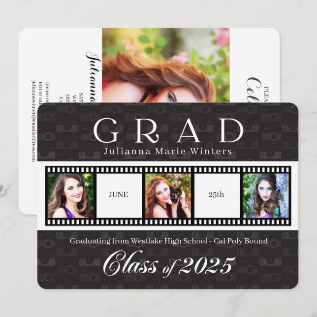 Class of 2025 Graduation Film Strip Theme 3 Photo  Invitation (Front/Back)