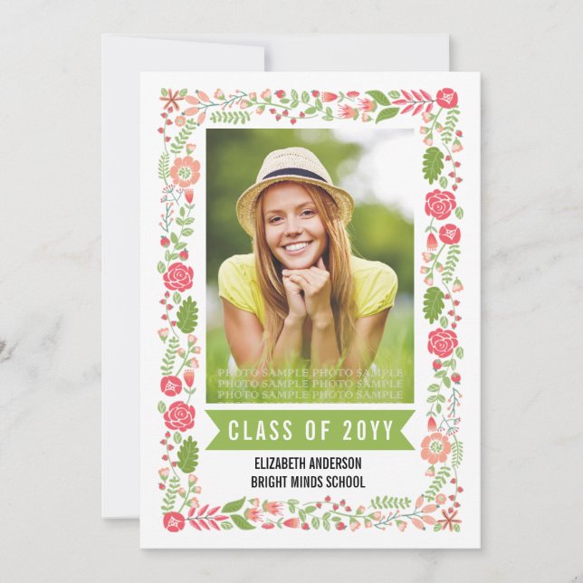 Class of 2025 graduation floral border photo invitation (Front)
