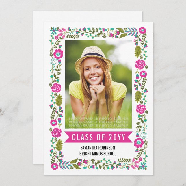 Class of 2025 graduation pink floral border photo invitation (Front/Back)