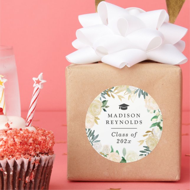 Class of 2025 Graduation White Green Gold Floral Classic Round Sticker (Party)