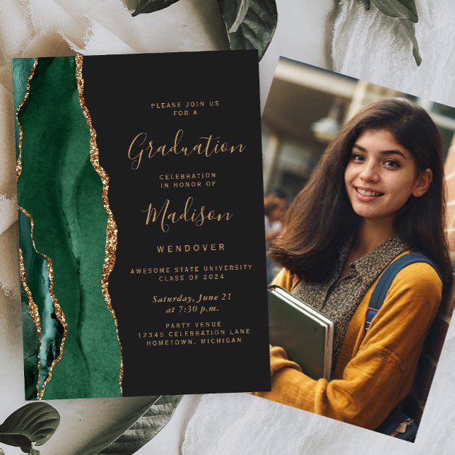 Class of 2025 Green Agate Photo Dark Graduation Invitation (Creator Uploaded)