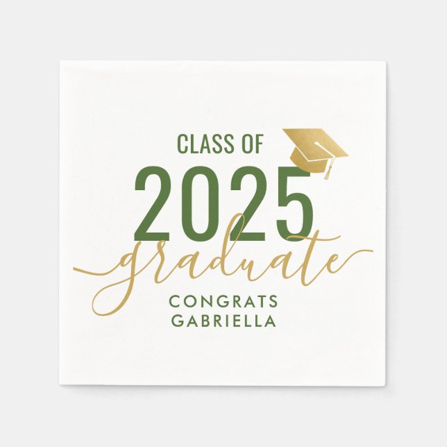 Class of 2025 Green White Gold Graduation Party Napkin (Front)