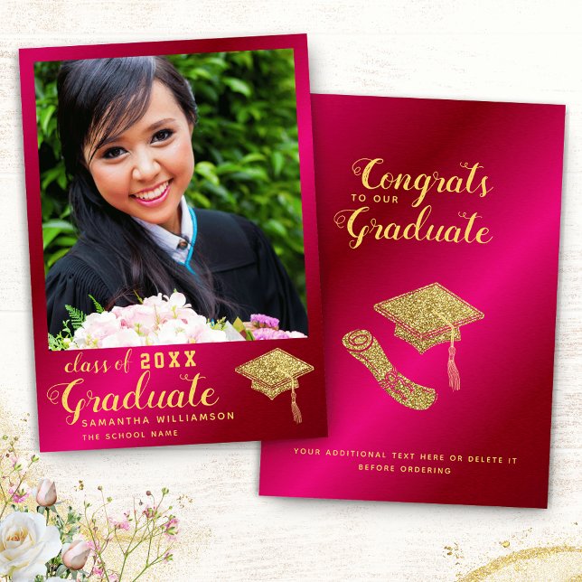 Class of 2025 Hot Pink and Gold Photo Graduation Announcement (Creator Uploaded)