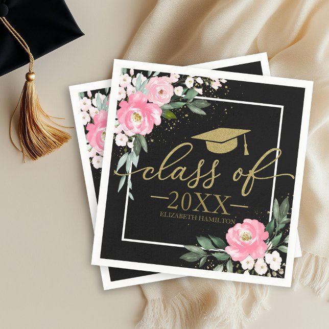 Class Of 2025 Hot Pink Floral Grad Party Black Napkin (Creator Uploaded)