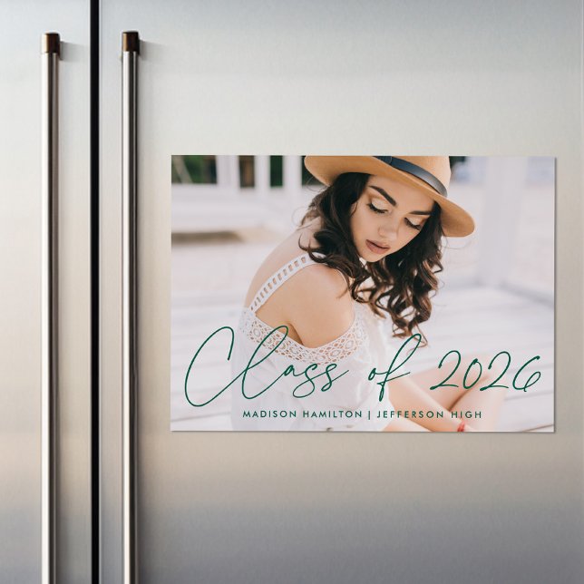 Class of 2025 Modern Green Script Photo Graduation Magnetic Invitation (Creator Uploaded)