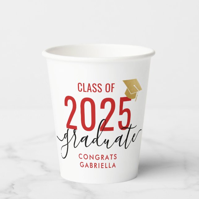 Class of 2025 Modern Red Graduation Party Paper Cups (Front)