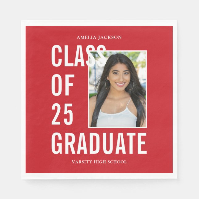 Class Of 2025 Modern Red Photo Graduation Paper Napkin (Front)