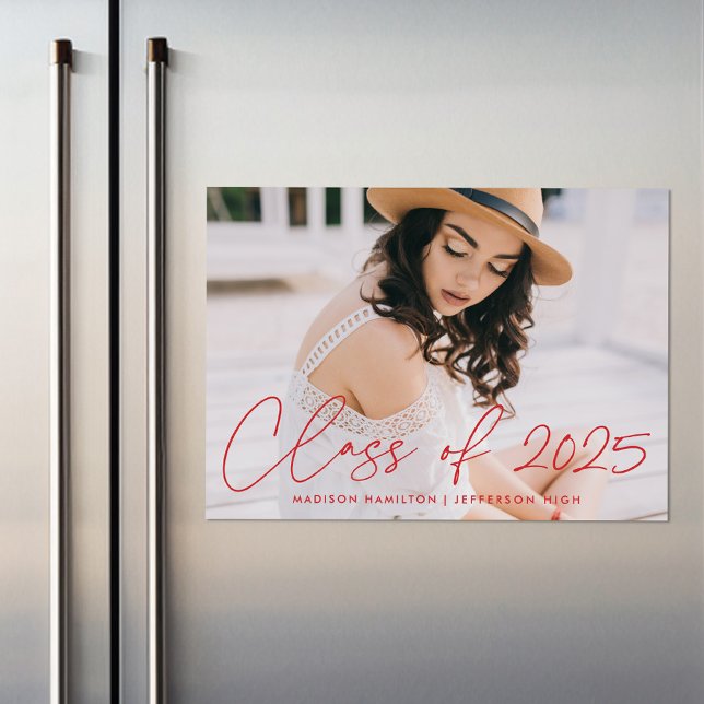 Class of 2025 Modern Red Script Photo Graduation Magnetic Invitation (Creator Uploaded)