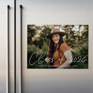 Class of 2025 Modern White Script Photo Graduation Magnetic Invitation