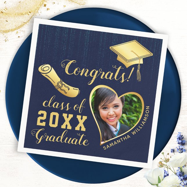 Class of 2025 Navy Blue and Gold Graduation Photo Napkin (Creator Uploaded)