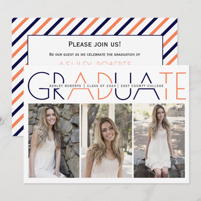 Class of 2025 navy blue, coral graduation photo invitation (Front/Back)