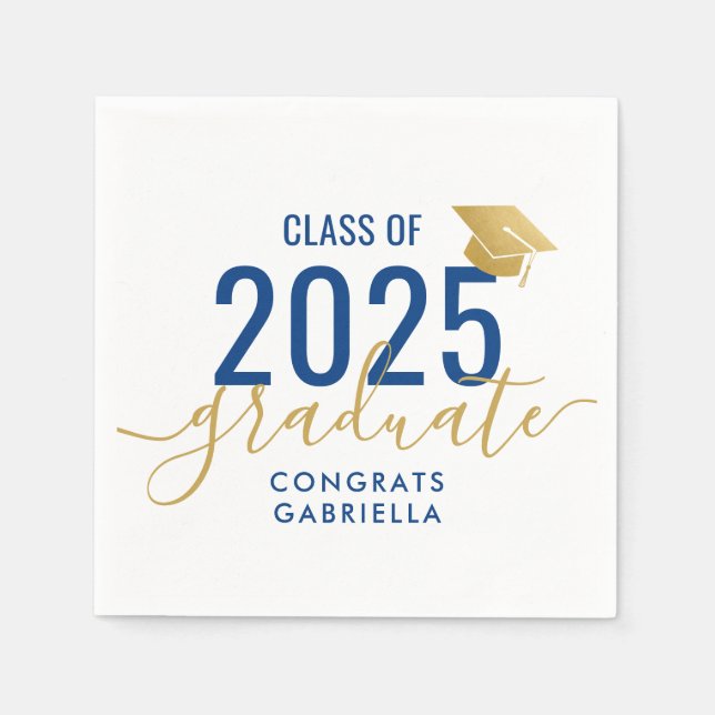 Class of 2025 Navy Blue Gold Graduation Party Napkin (Front)