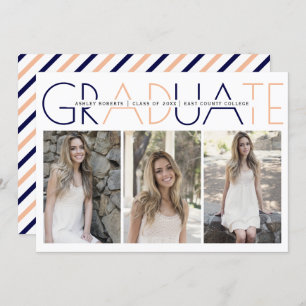 Class of 2025 navy blue, peach graduation photo in invitation