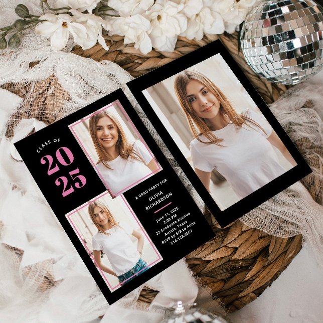 Class of 2025 | Photo Pink and Black Grad Party Invitation (Creator Uploaded)