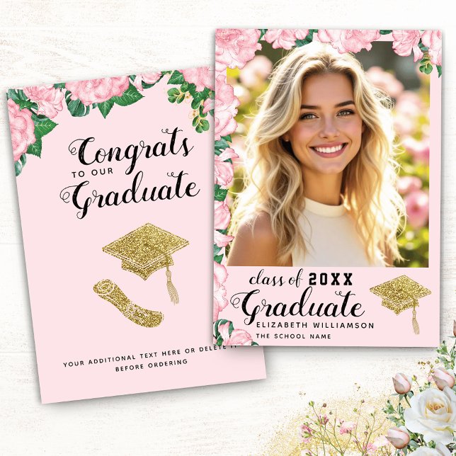 Class of 2025 Pink Floral One Photo Graduation Announcement (Creator Uploaded)