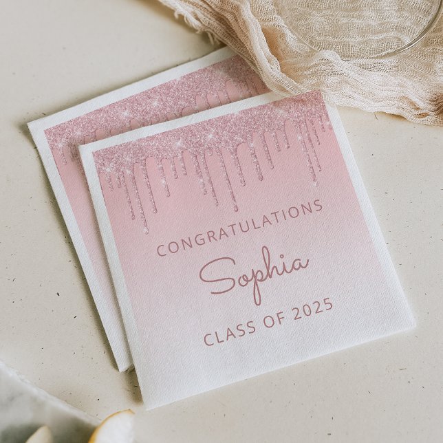 Class of 2025 Pink Glitter Drip Graduation Napkin (Creator Uploaded)