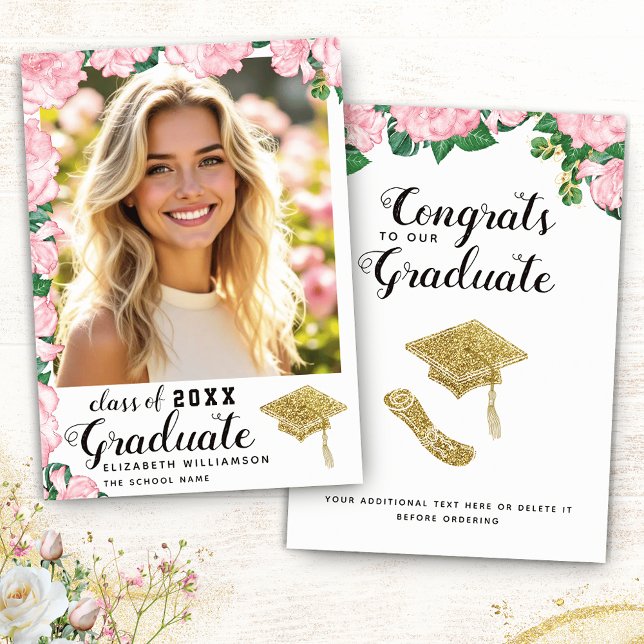 Class of 2025 Pink Roses on White Photo Graduation Announcement (Creator Uploaded)
