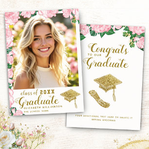 Class of 2025 Pink White and Gold Photo Graduation Announcement