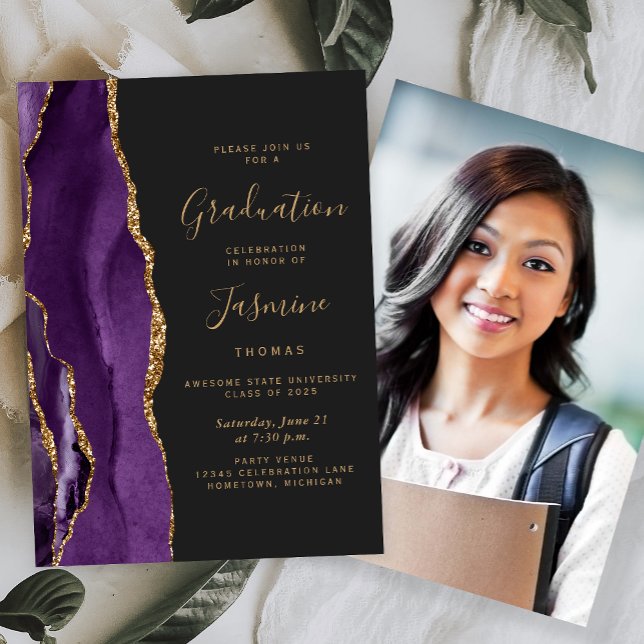 Class of 2025 Purple Agate Photo Dark Graduation Invitation (Creator Uploaded)