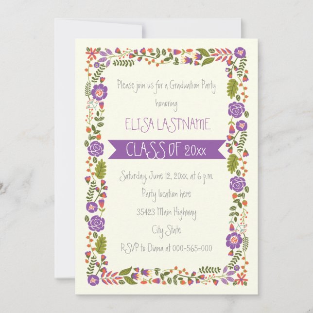 Class of 2025 purple floral border graduation invitation (Front)