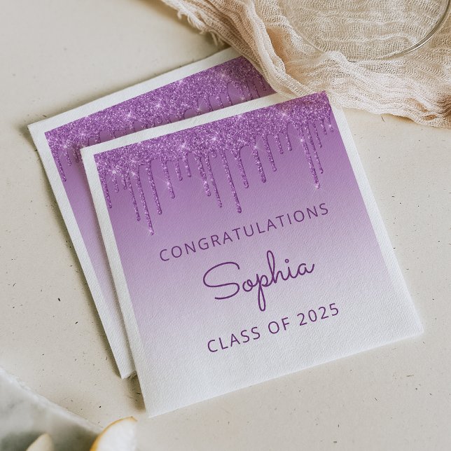 Class of 2025 Purple Glitter Drip Graduation Napkin (Creator Uploaded)