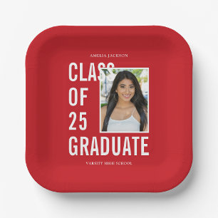 Class Of 2025 Red & White Photo Graduation Party Paper Plate