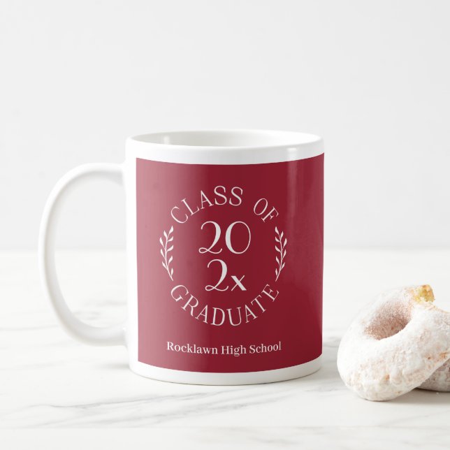 Class of 2025 School Name Burgundy Graduation Coffee Mug (With Donut)