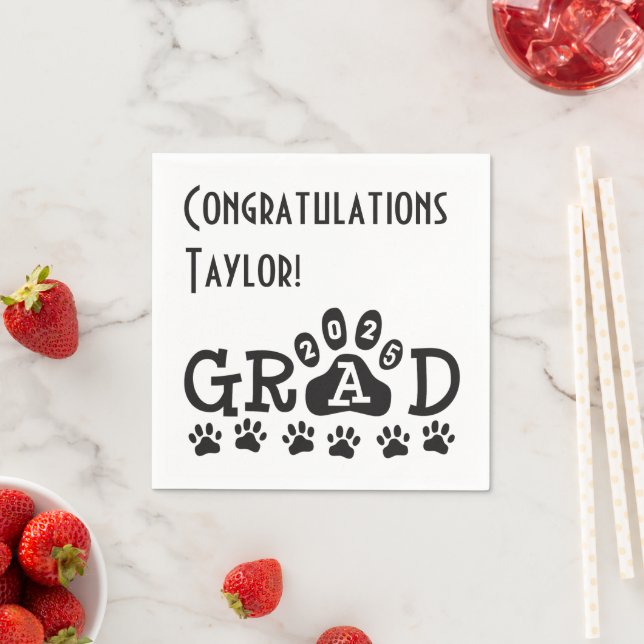 class of 2025 white black grad paw prints napkin (Insitu)