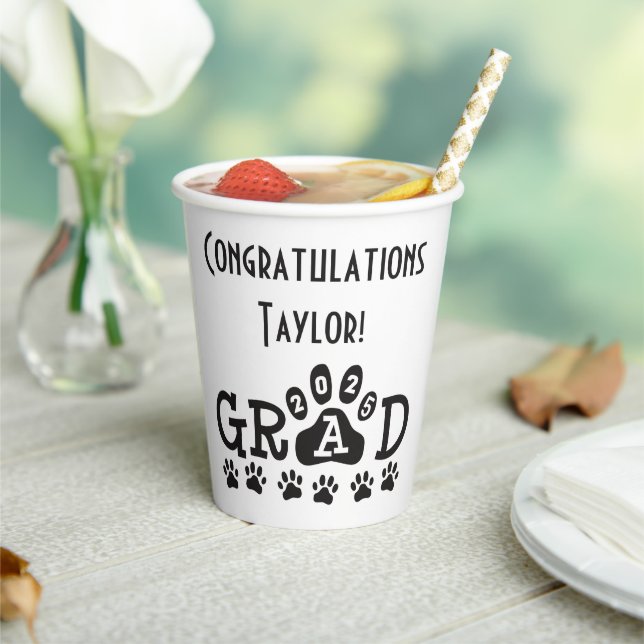 class of 2025 white black grad paw prints paper cups (Insitu)