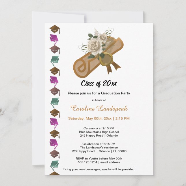 Class of 2025 White Roses & Gold Foil diploma Invitation (Front)