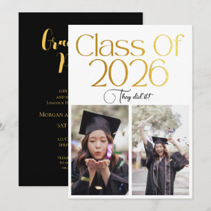 Class of 2026 2 Photo Twins Black Gold Typography Invitation