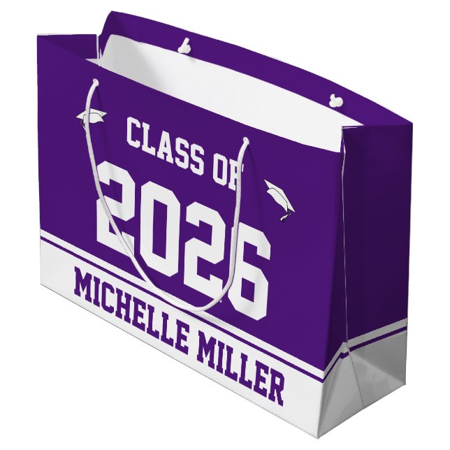 Class of 2026 and Name on Royal Purple and White Large Gift Bag (Back Angled)