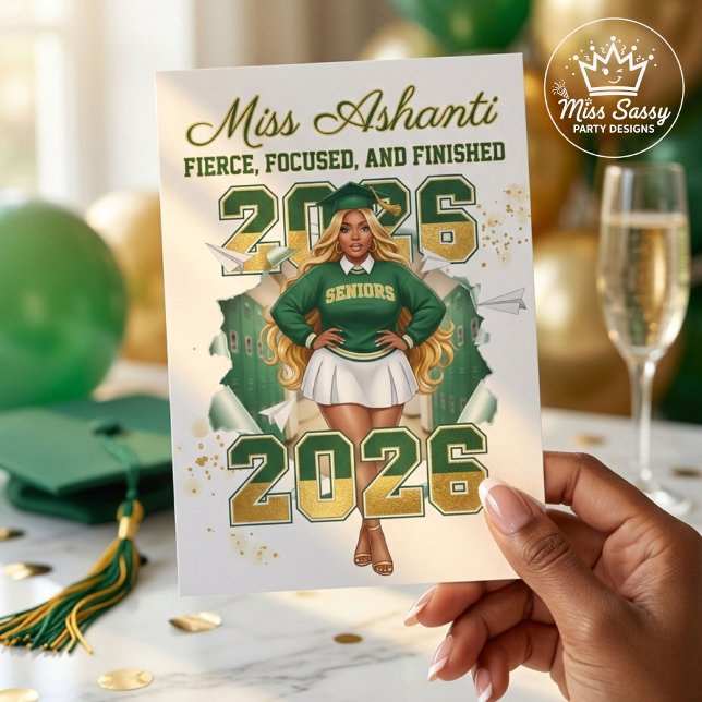 Class of 2026 Black Girl Graduation Green & Gold Card (2026 Grad Card: Luxury green & gold stationery for a stylish Black girl's graduation celebration.)
