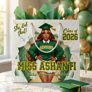 Class of 2026 Black Girl Graduation Green & Gold Large Gift Bag