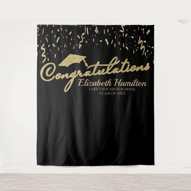 Class of 2026 Black Gold Graduation Party Backdrop Tapestry (Front)
