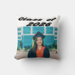 Class of 2026 black typography graduation photo cushion