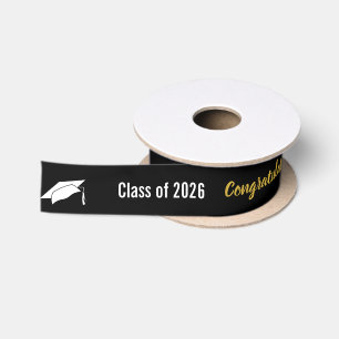 Class of 2026 Black White and Gold Congratulations Satin Ribbon